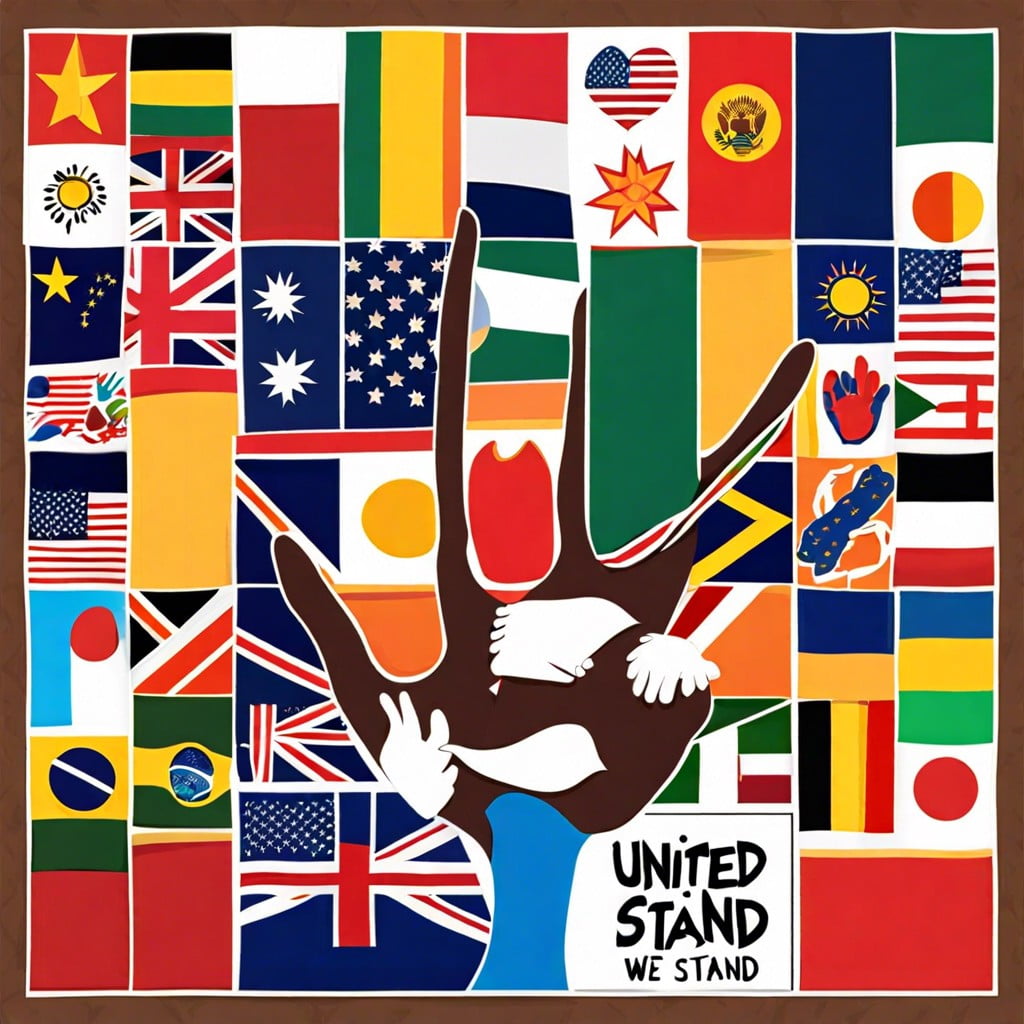 united we stand – flags or handprints from various cultures