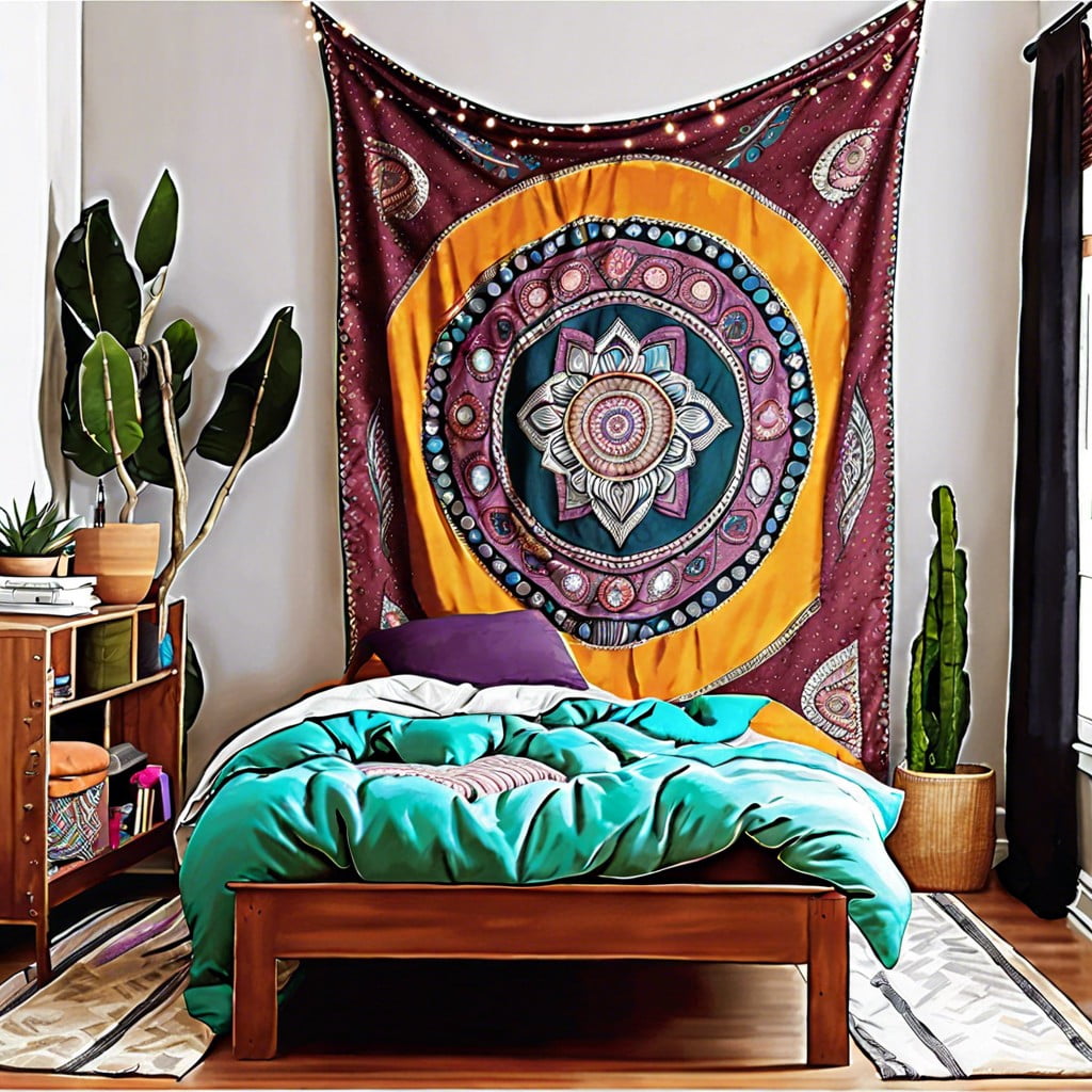 use tapestries to create wall art or privacy curtains