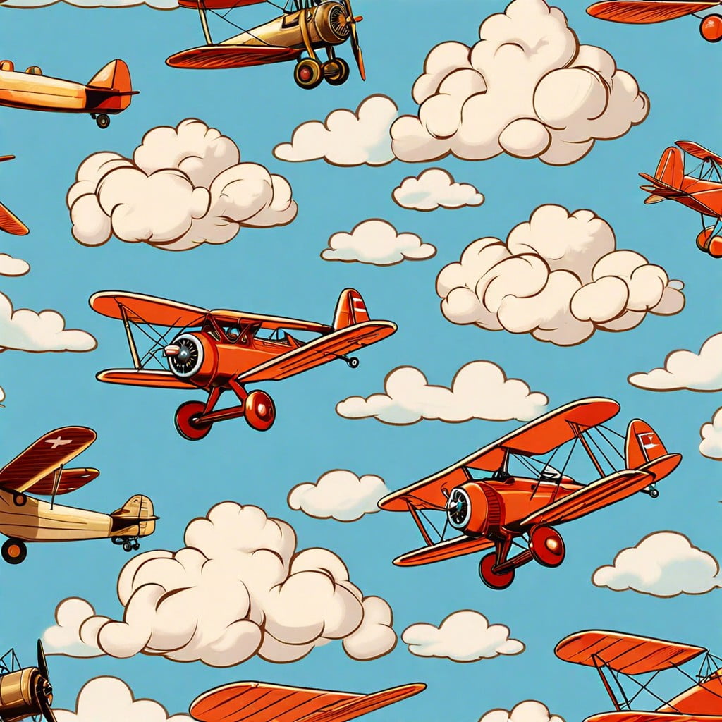 vintage airplanes classic aircraft fluffy clouds and sky blue walls