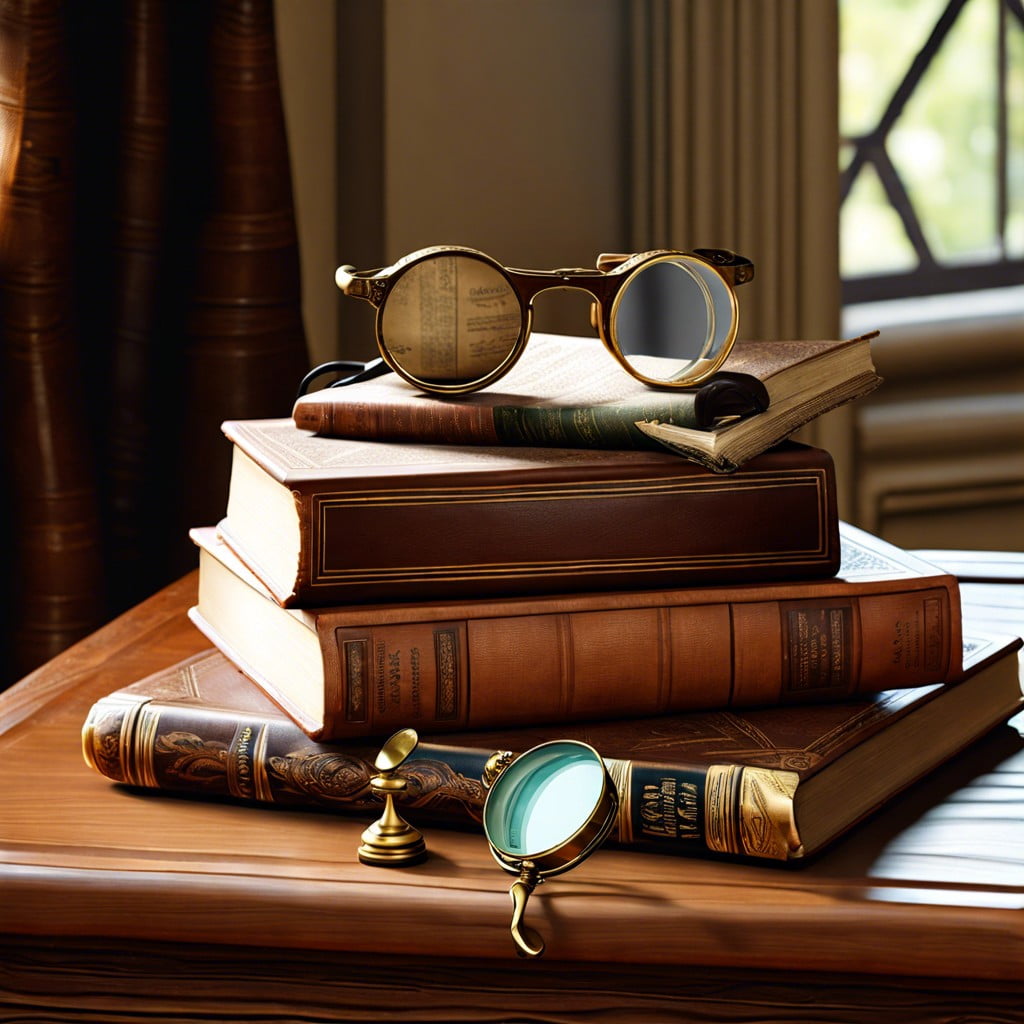 vintage book stack with antique magnifying glass