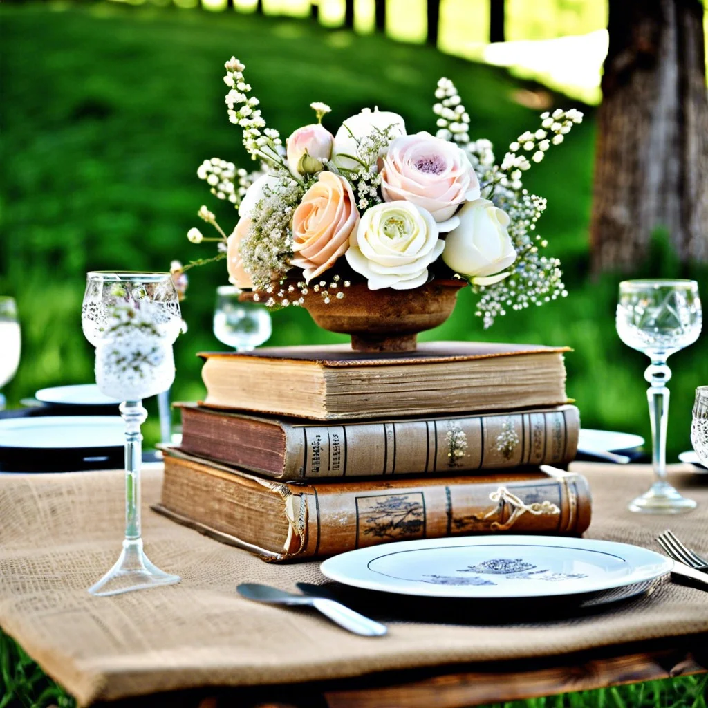 vintage books stacked with flowers