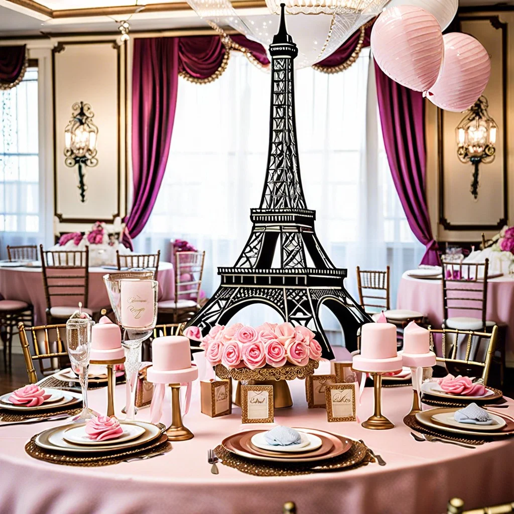 vintage parisian theme with eiffel tower centerpieces and chic table settings
