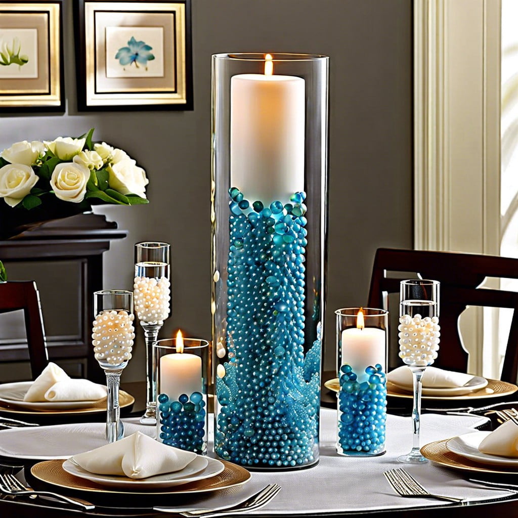 water beads and pearl strands in glass cylinders