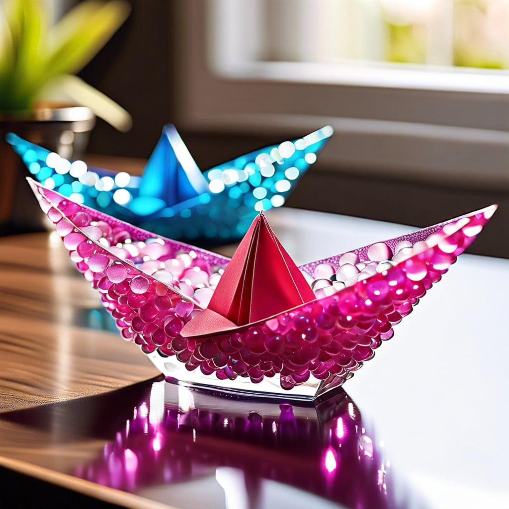 water beads with floating origami boats