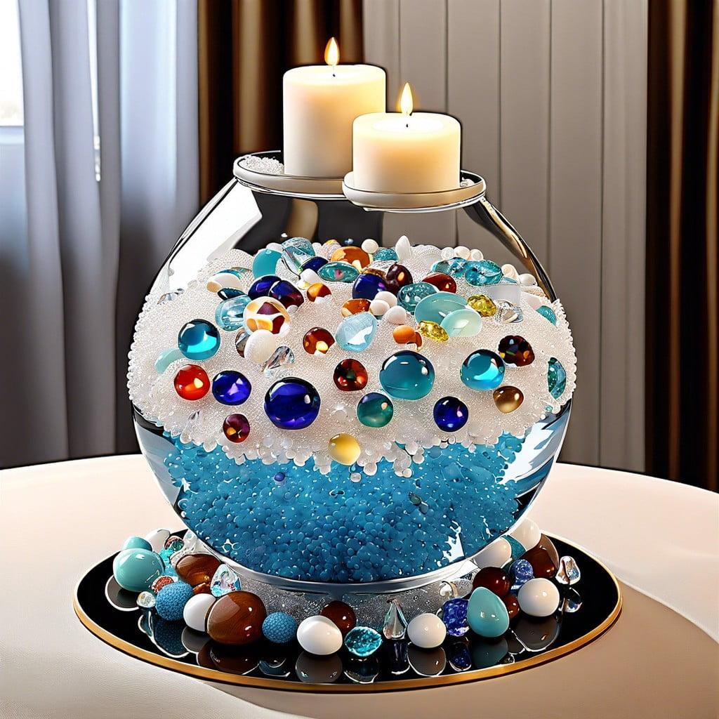 water beads with scattered gemstones and marbles