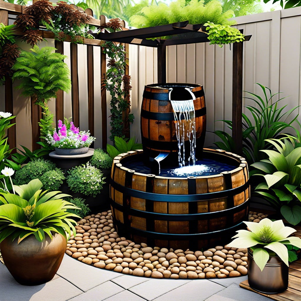water feature with recycled barrels