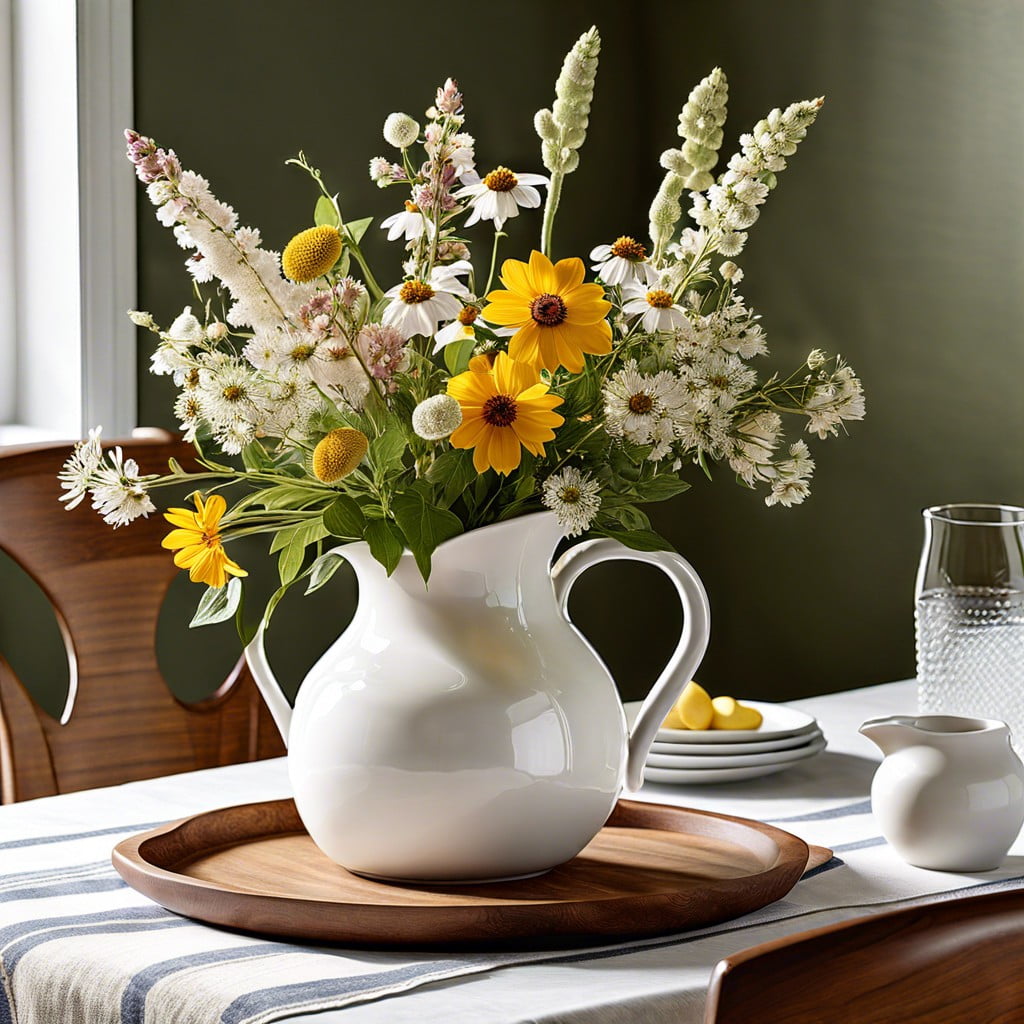 white ceramic pitcher with wildflowers