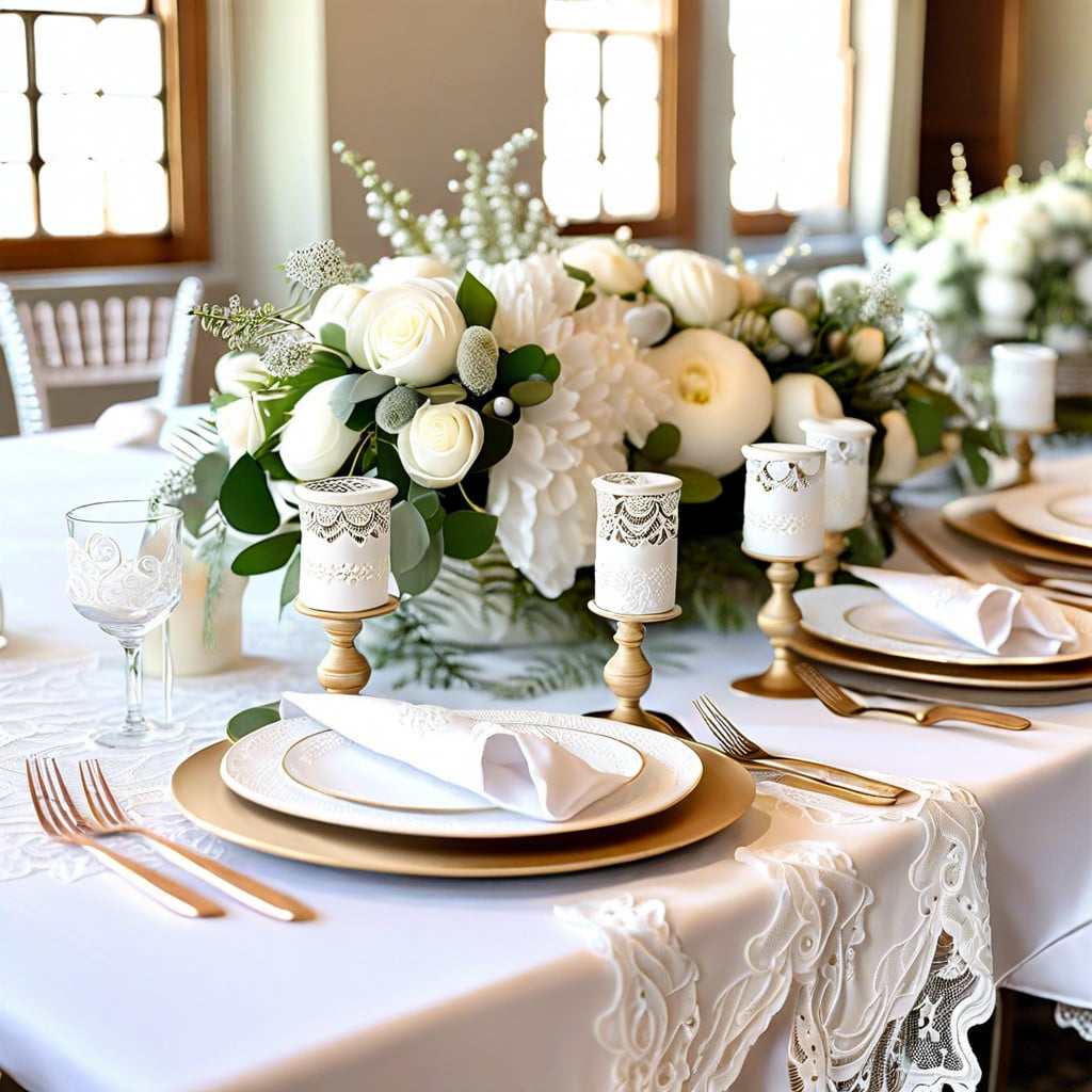 white linen tablecloths with lace accents