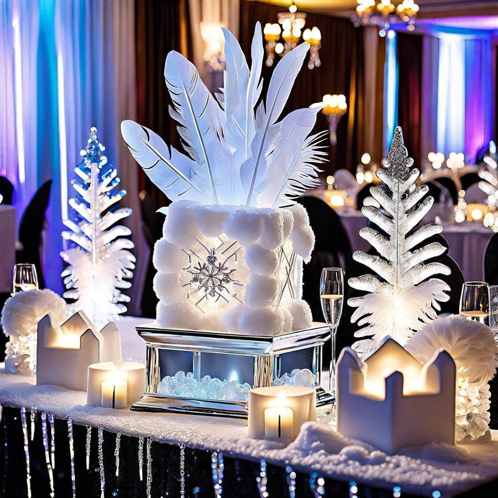 winter wonderland ice sculptures white feathers and sparkling silver decor