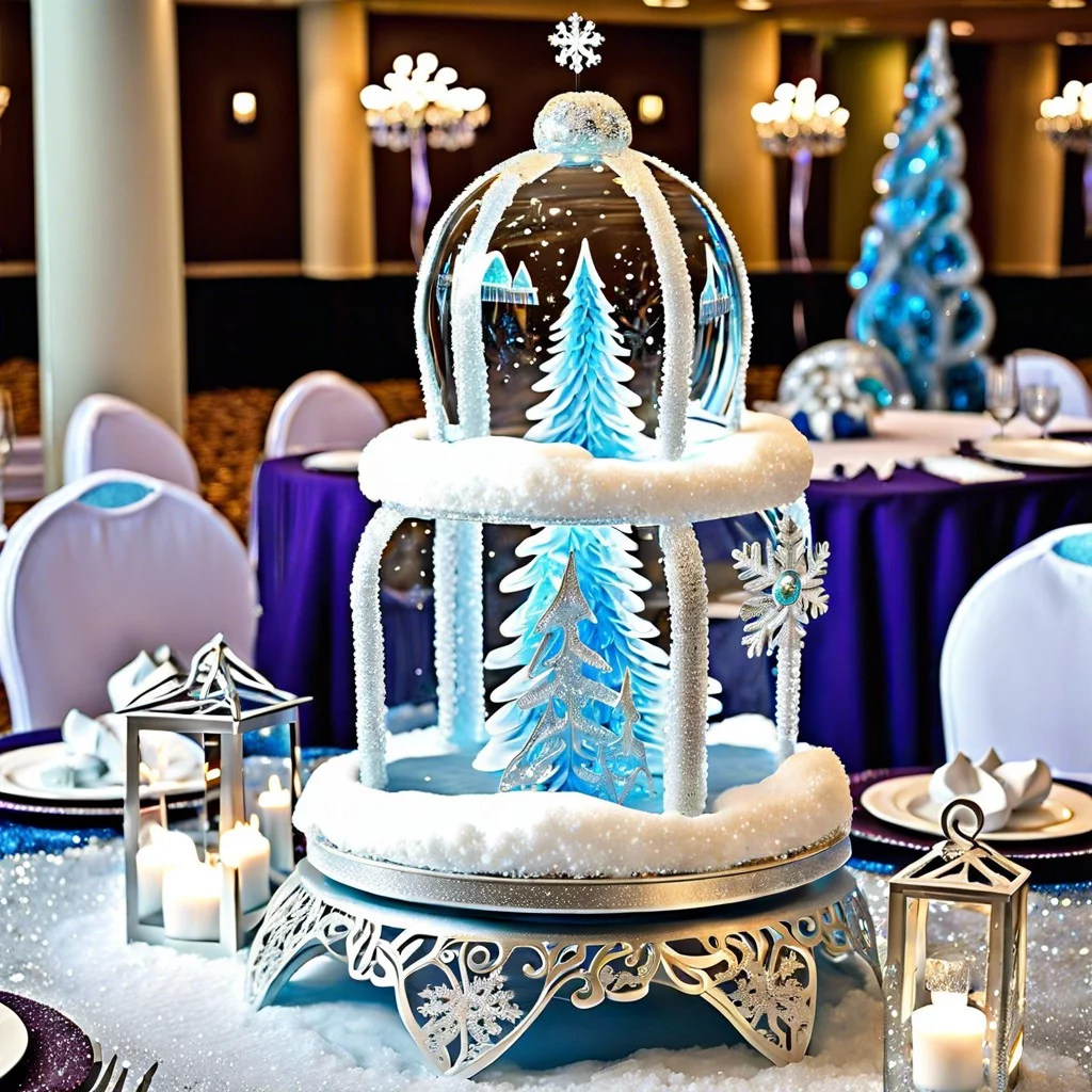 winter wonderland with ice sculptures and sparkling silver decor