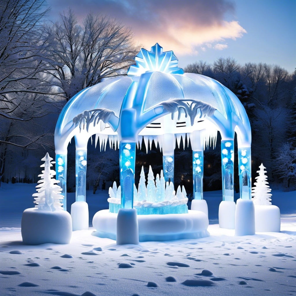 winter wonderland with snow machine and ice sculptures