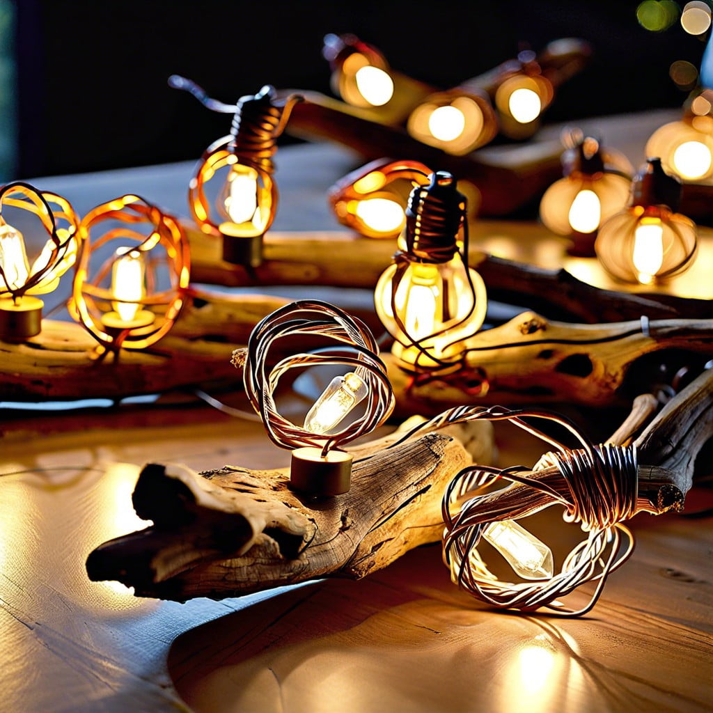 wire string lights wrapped around driftwood