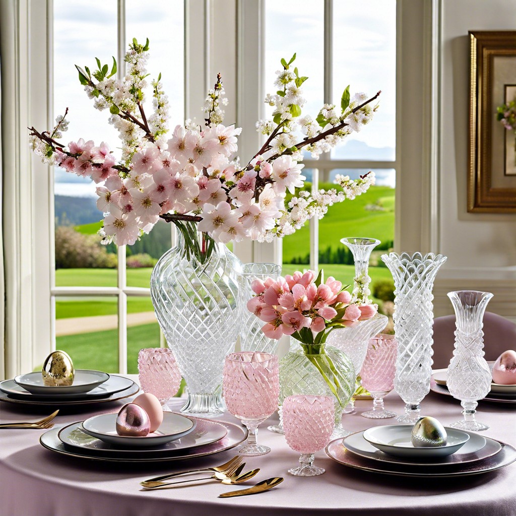 crystal vases with spring blossoms