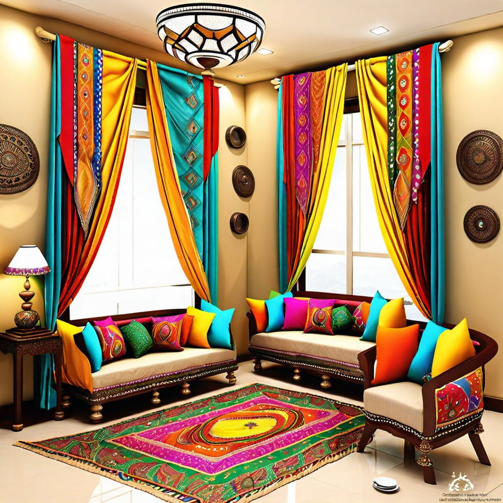 ethnic fabric drapes with mirrors