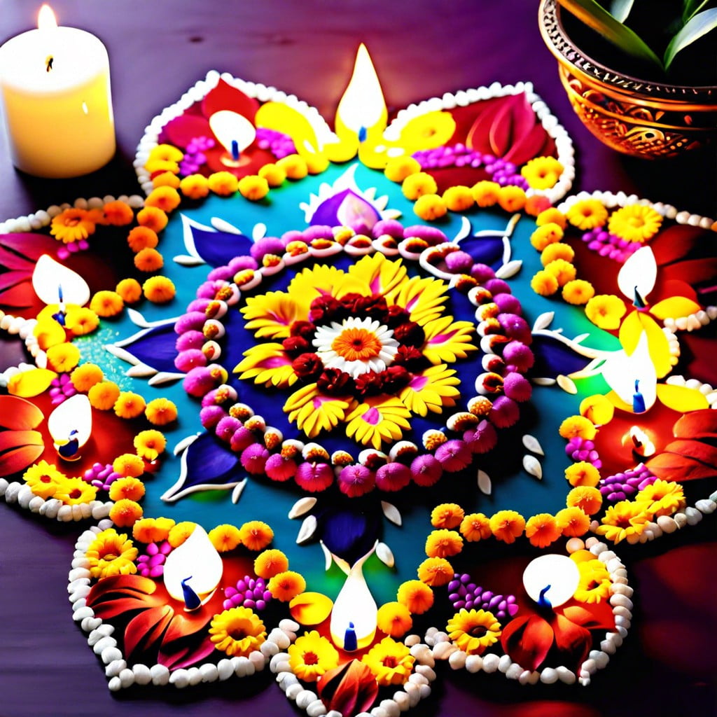 floral rangoli with petals and candles