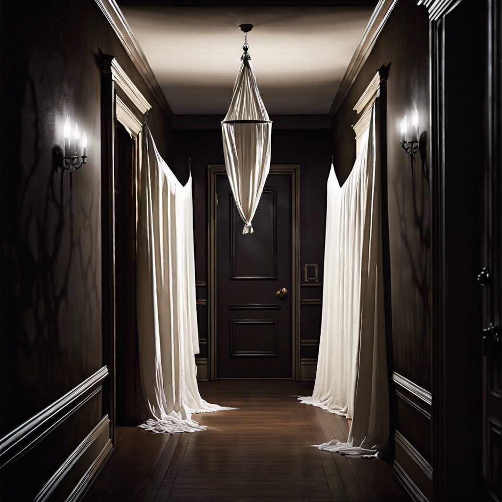 ghostly hallway with hanging spirits