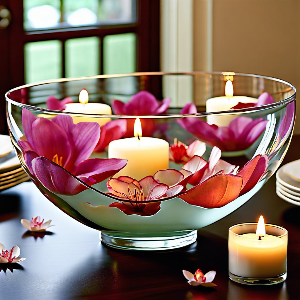 glass bowls with floating candles and petals