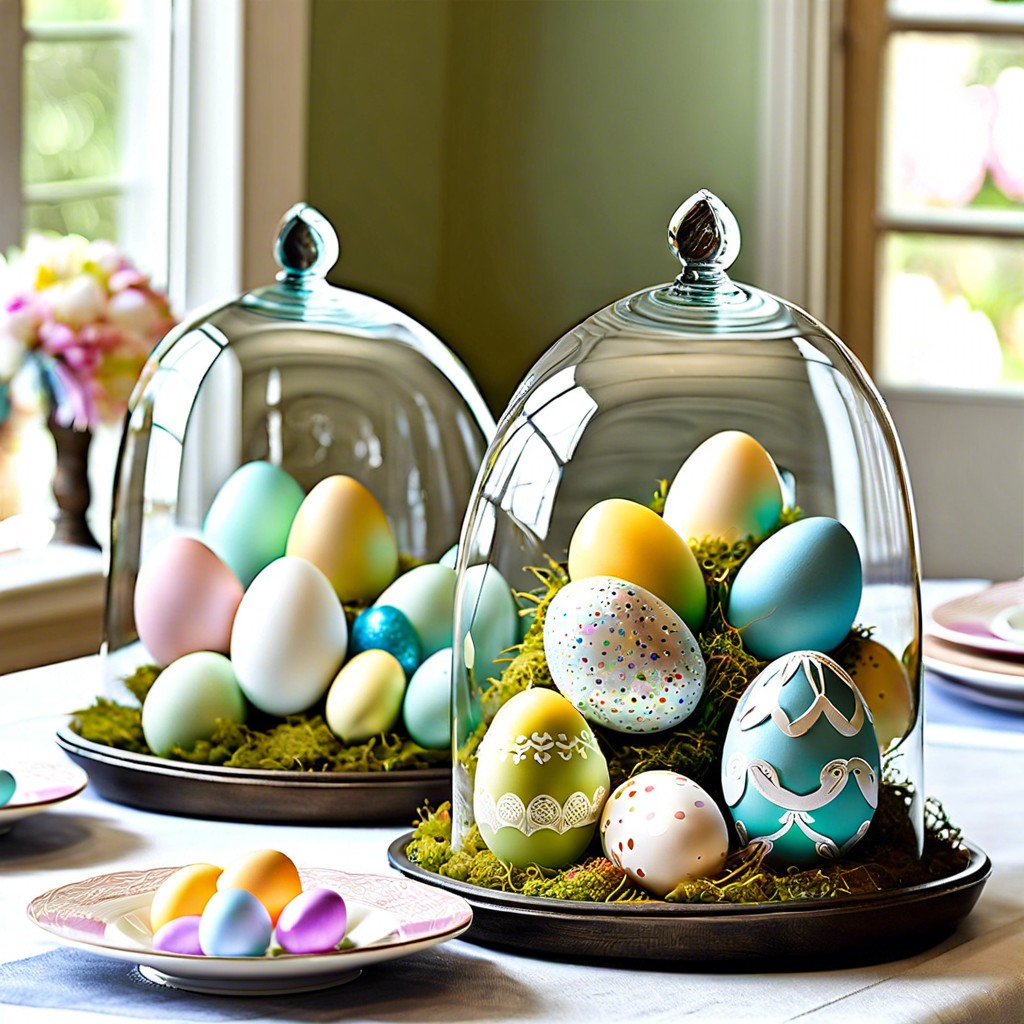 glass cloches with decorated eggs
