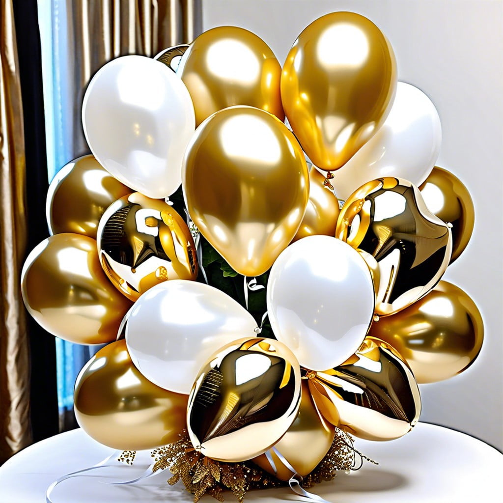 gold and white balloon bouquets