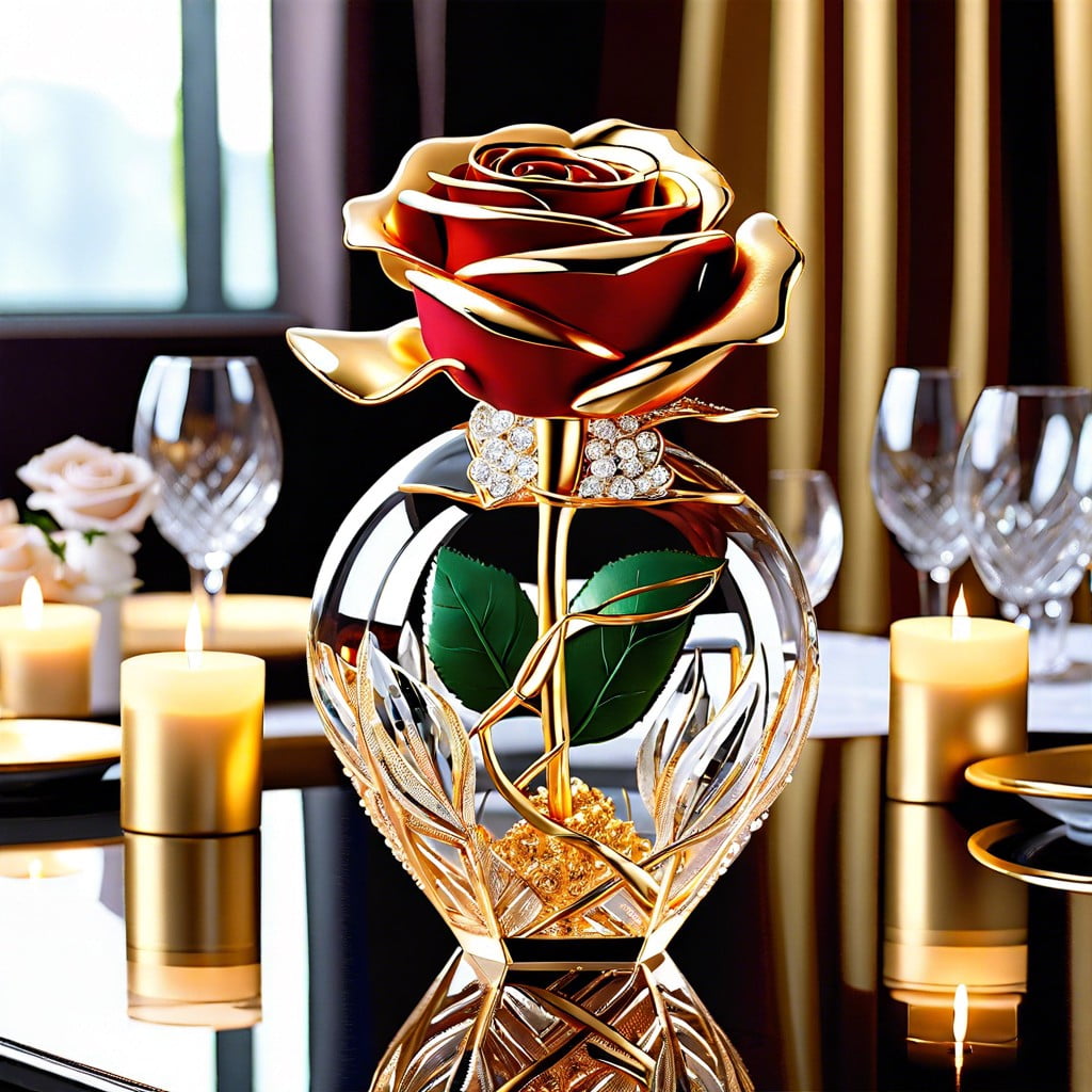 gold dipped roses in crystal vases