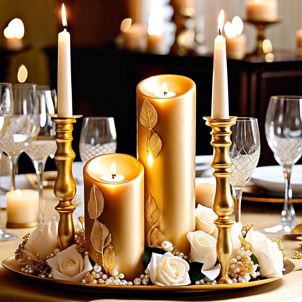 gold leaf wrapped candles with pearl accents