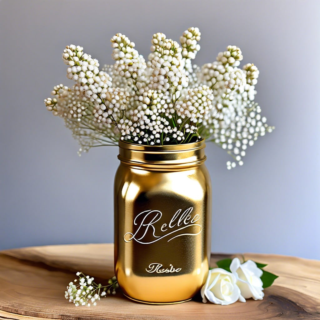 gold mason jars with babys breath flowers