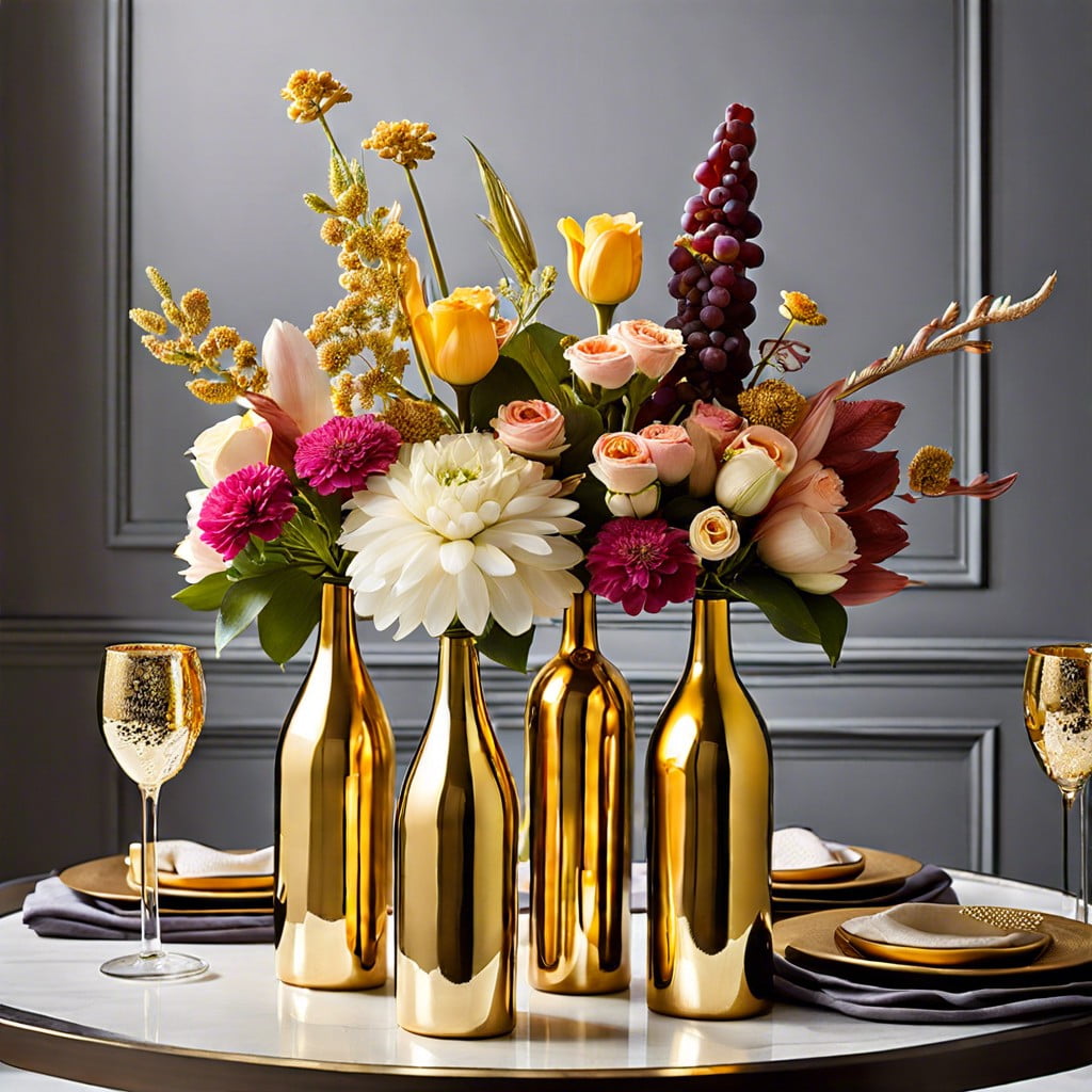 gold painted wine bottles with fresh flowers