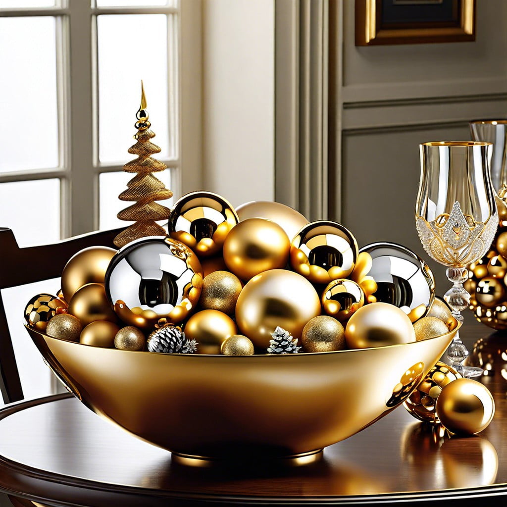 gold rimmed glass bowls filled with golden ornaments