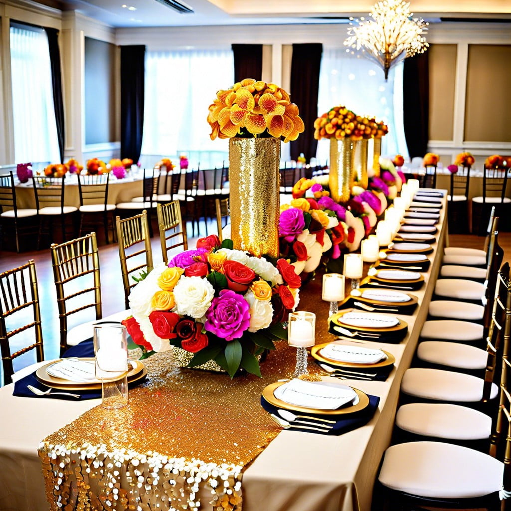 gold sequin table runners with floral arrangements
