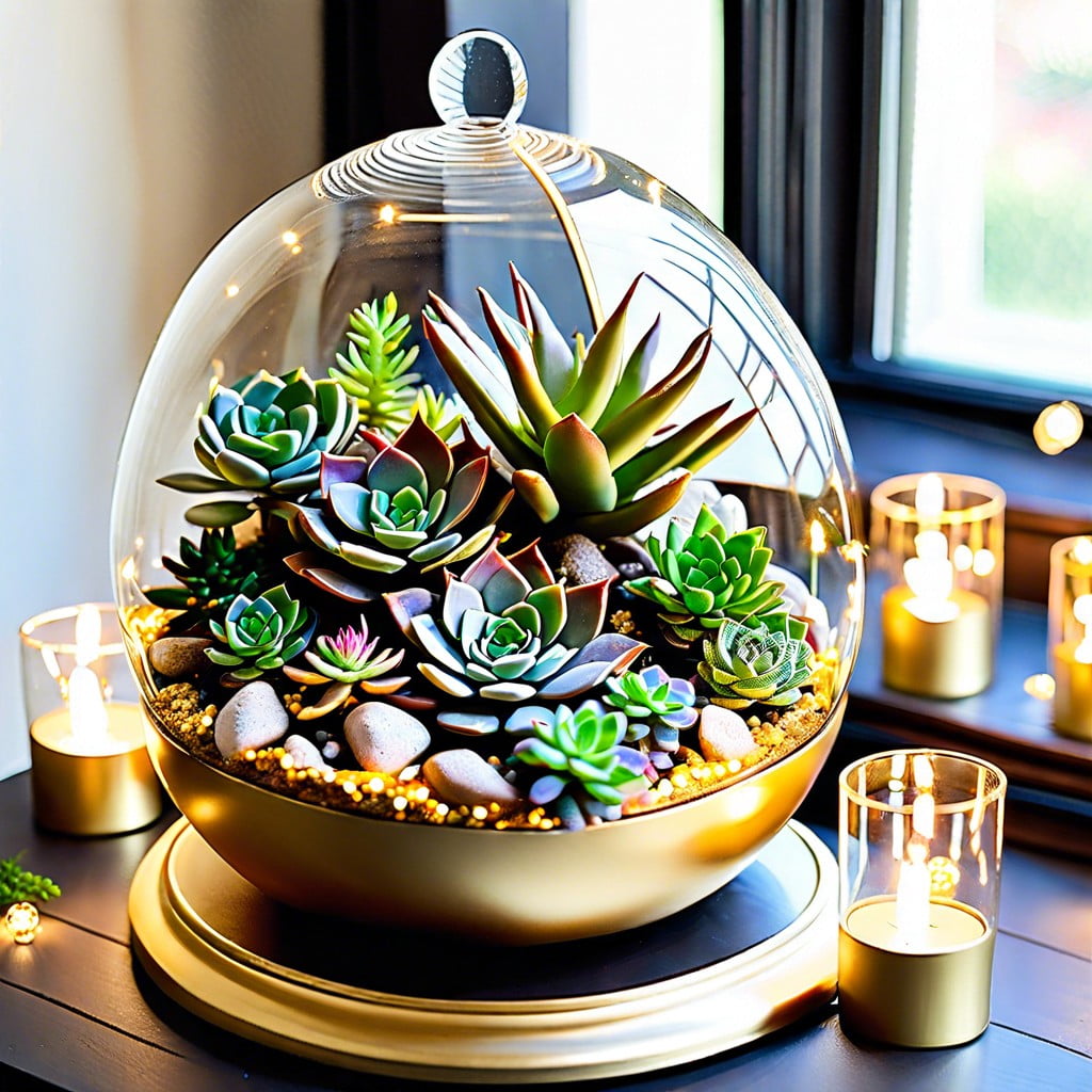 gold terrariums with succulents and fairy lights