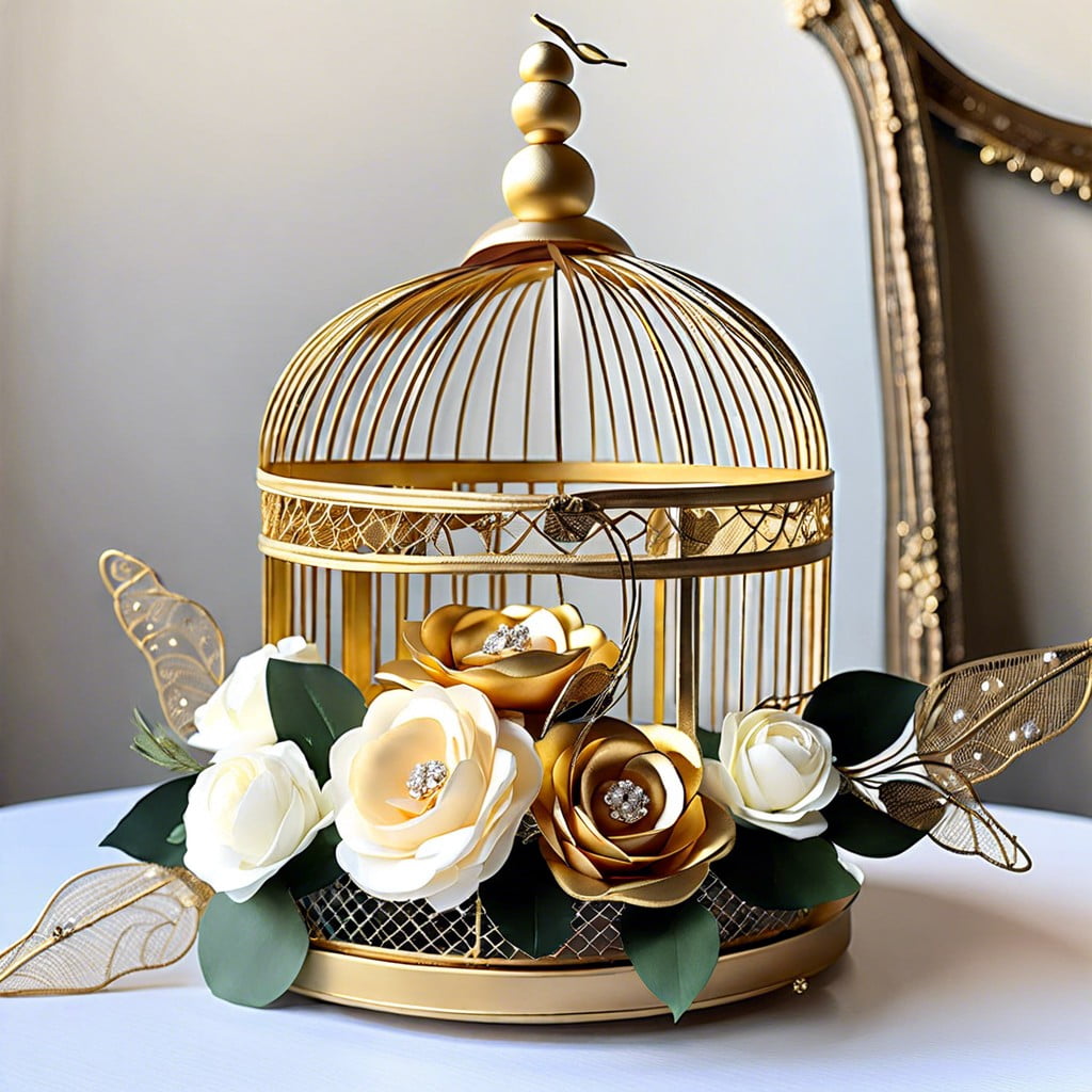 golden birdcages with silk flowers