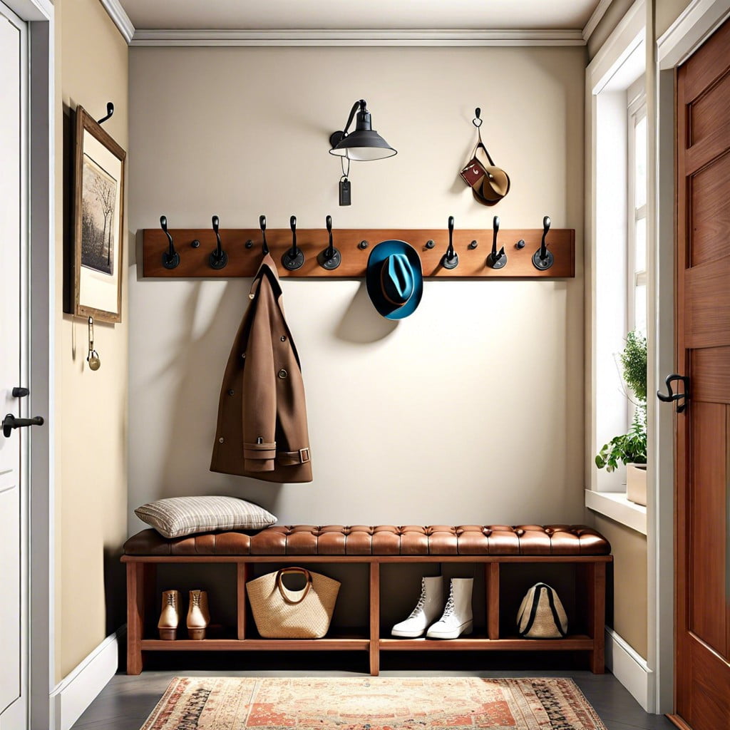 hanging vintage style coat hooks and a seating bench