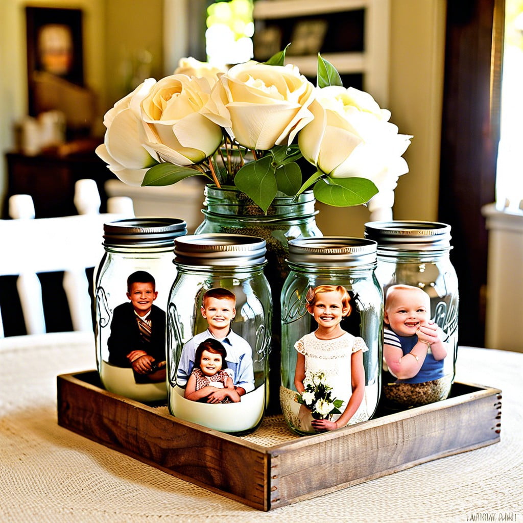 mason jars filled with vintage family photos