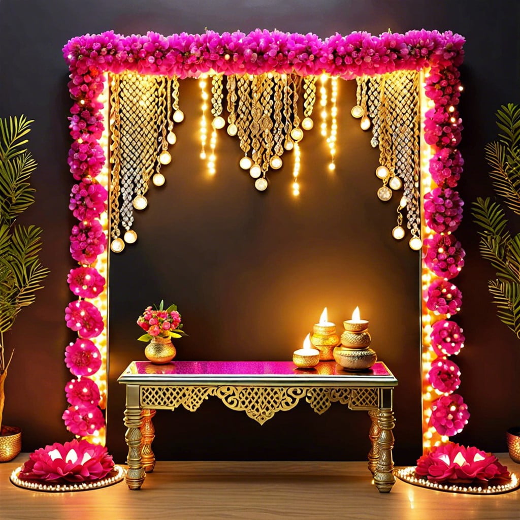 mirror work backdrop with fairy lights