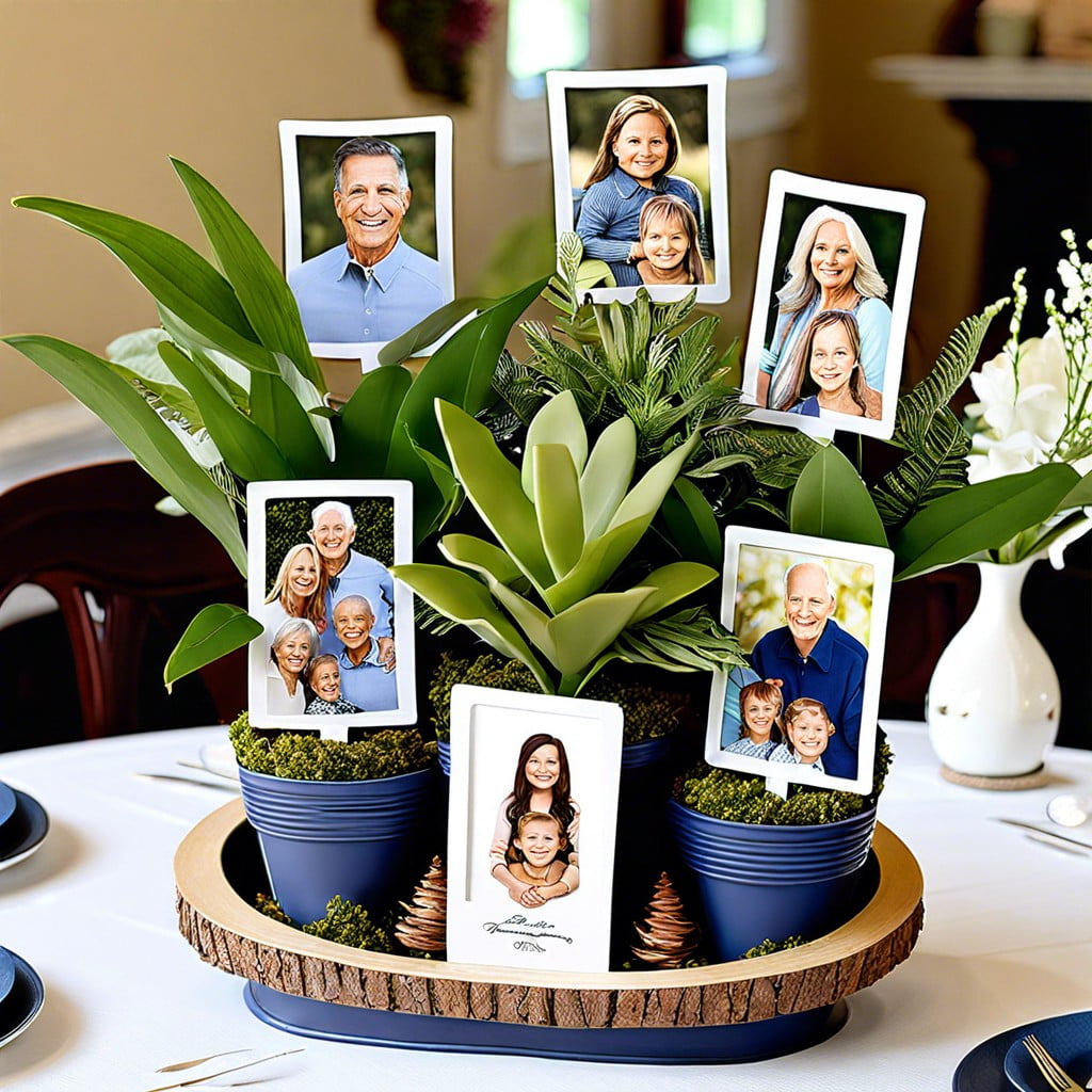 potted plants with family member photos