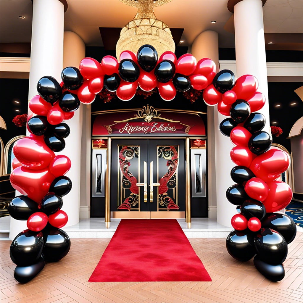 red and black balloon arches