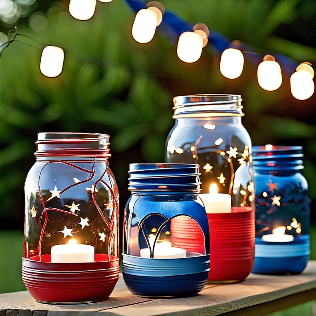 red white and blue mason jar lanterns