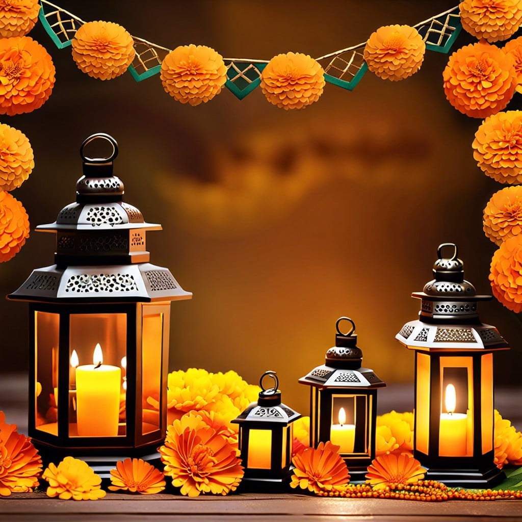 rustic lanterns with marigold garlands