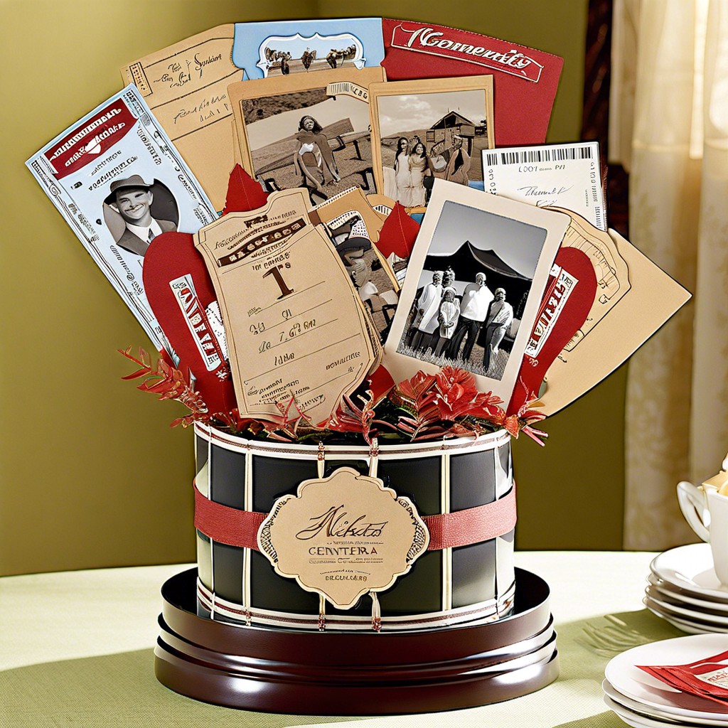 scrapbook style centerpiece with tickets and mementos