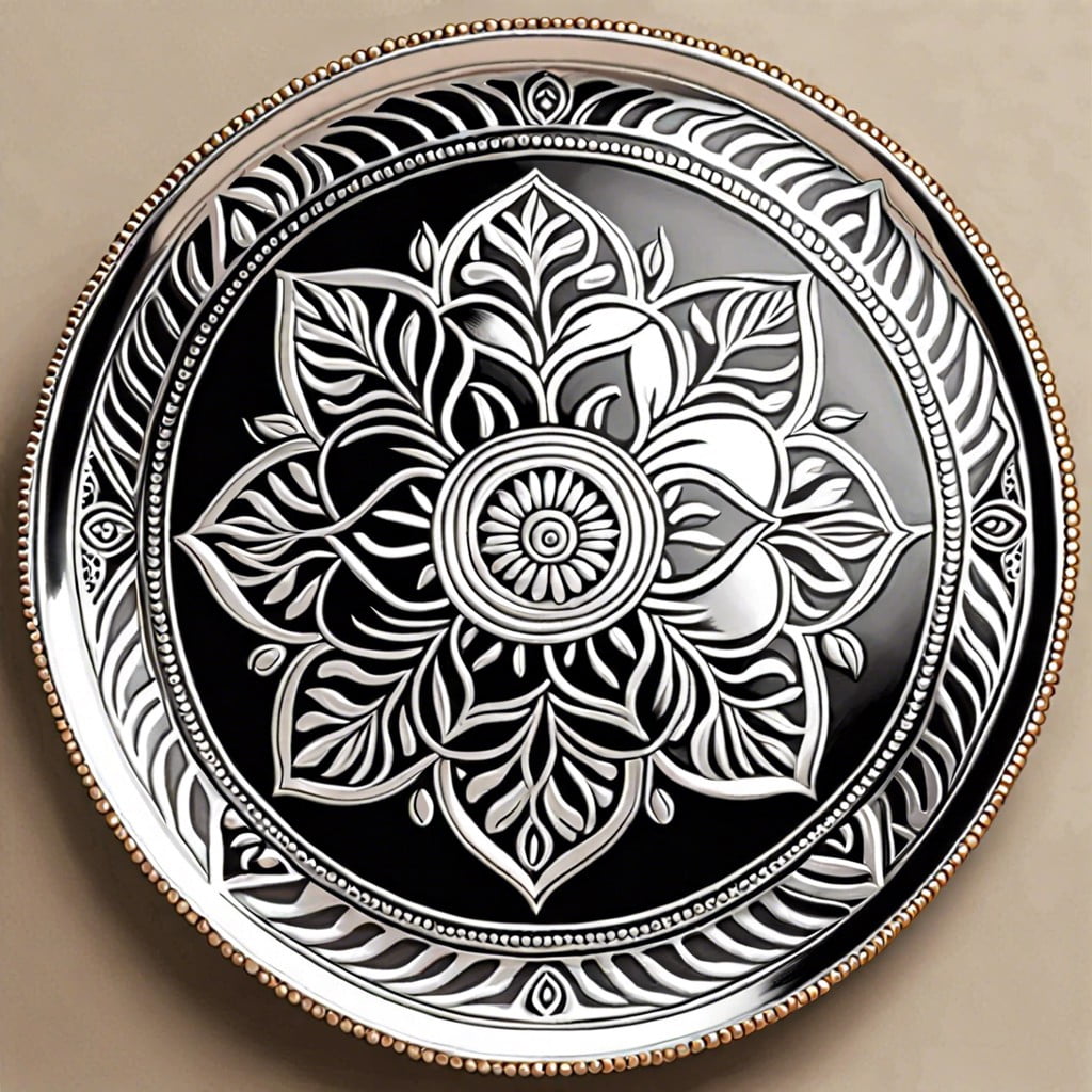 silver plate with intricate kolam pattern