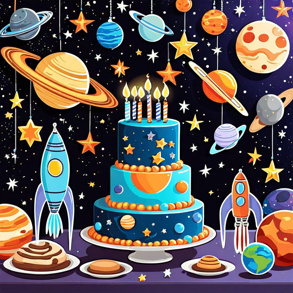 space themed decorations with planets and stars