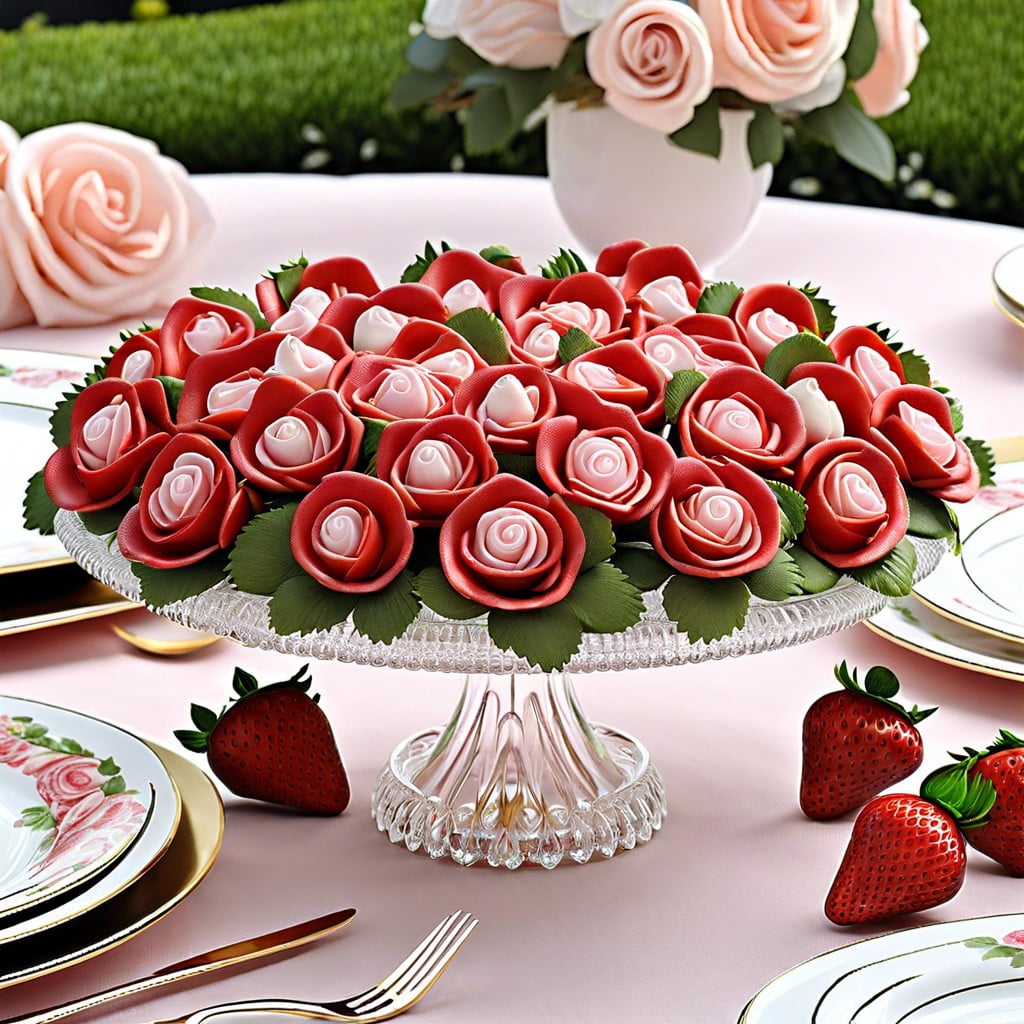 strawberry roses on dessert plates