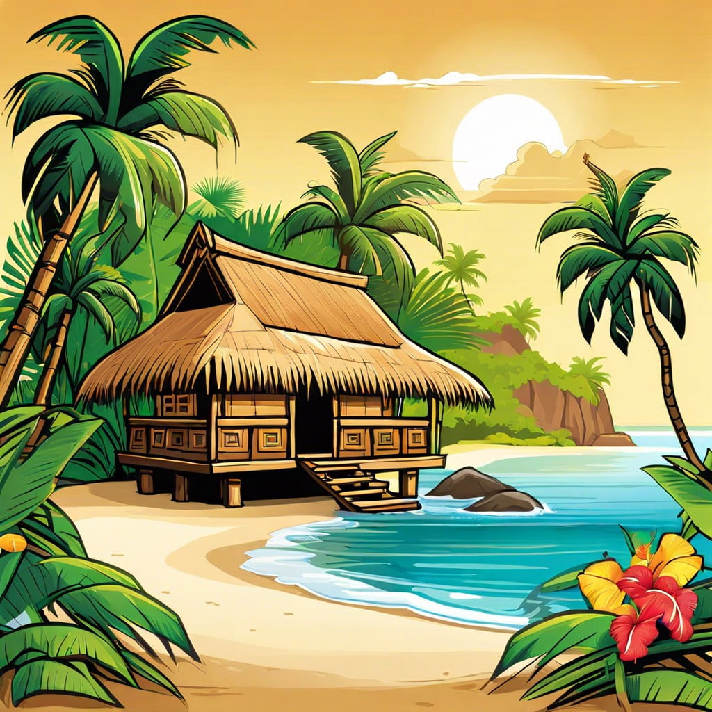 tiki hut and tropical island scene