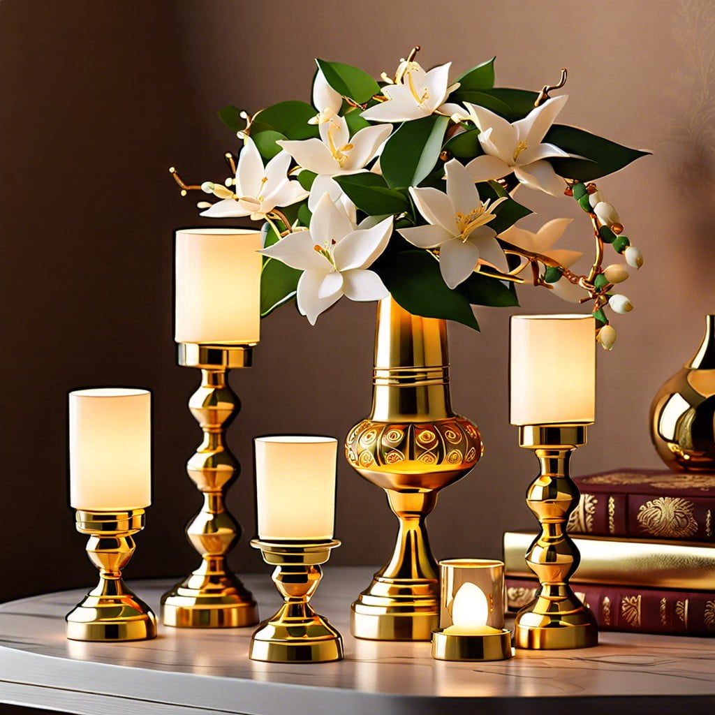 traditional brass lamps with jasmine garlands