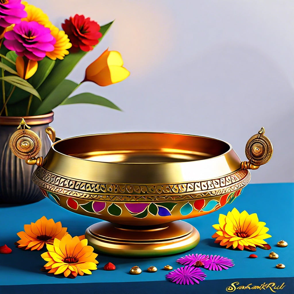 traditional brass urli with floating flowers