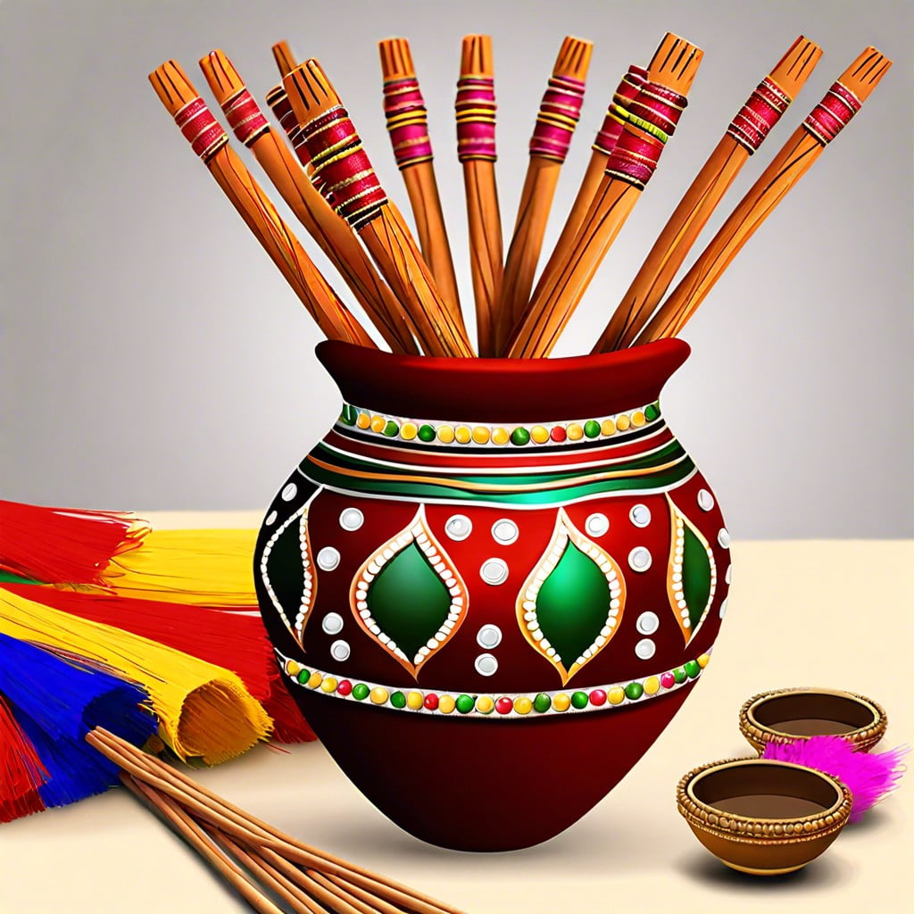 traditional dandiya sticks in vases