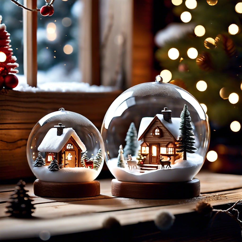 miniature winter scenes inside clear baubles