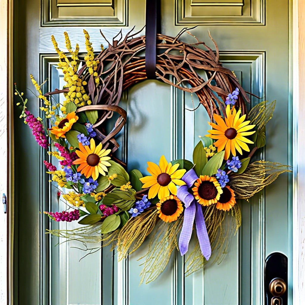 earthy grapevine wreath with wildflowers