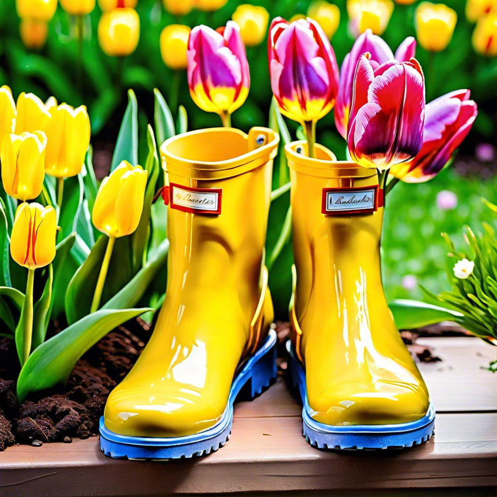 rain boots filled with tulips