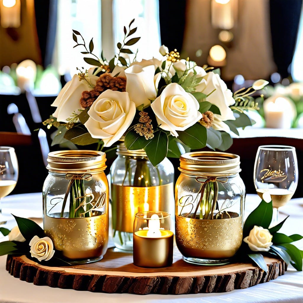 gold and ivory floral arrangements in mason jars